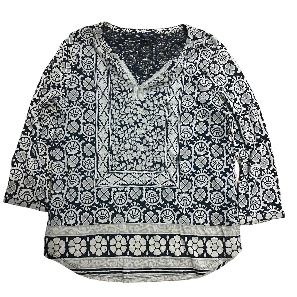 Lucky Brand 3/4 Sleeve Tan & Black Tunic Large